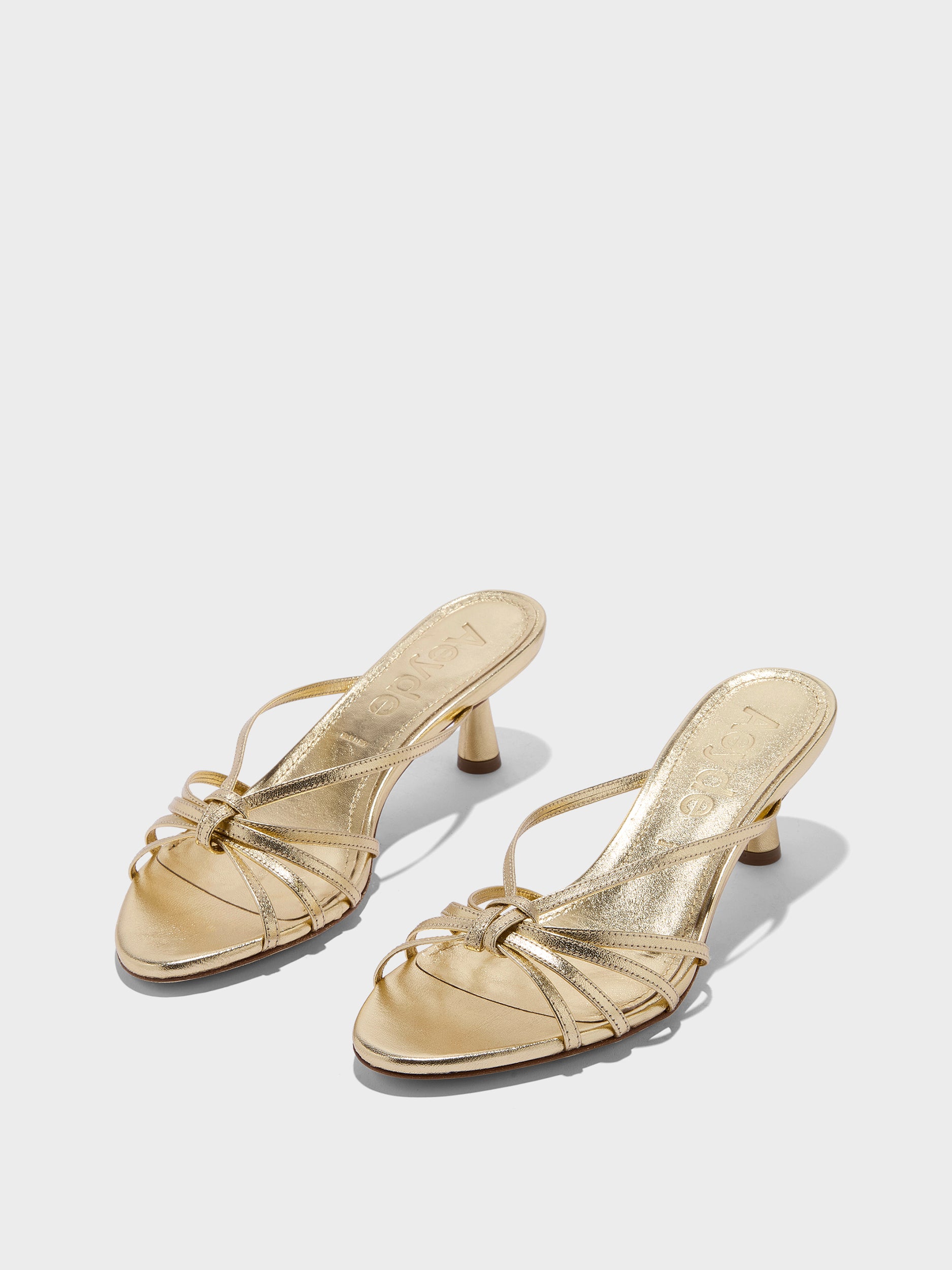 Aeyde | Abby Leather Heeled Sandals for Women | Gold Laminated Nappa | Round Toe | Mid Heel | Luxury Materials | Handmade in Italy