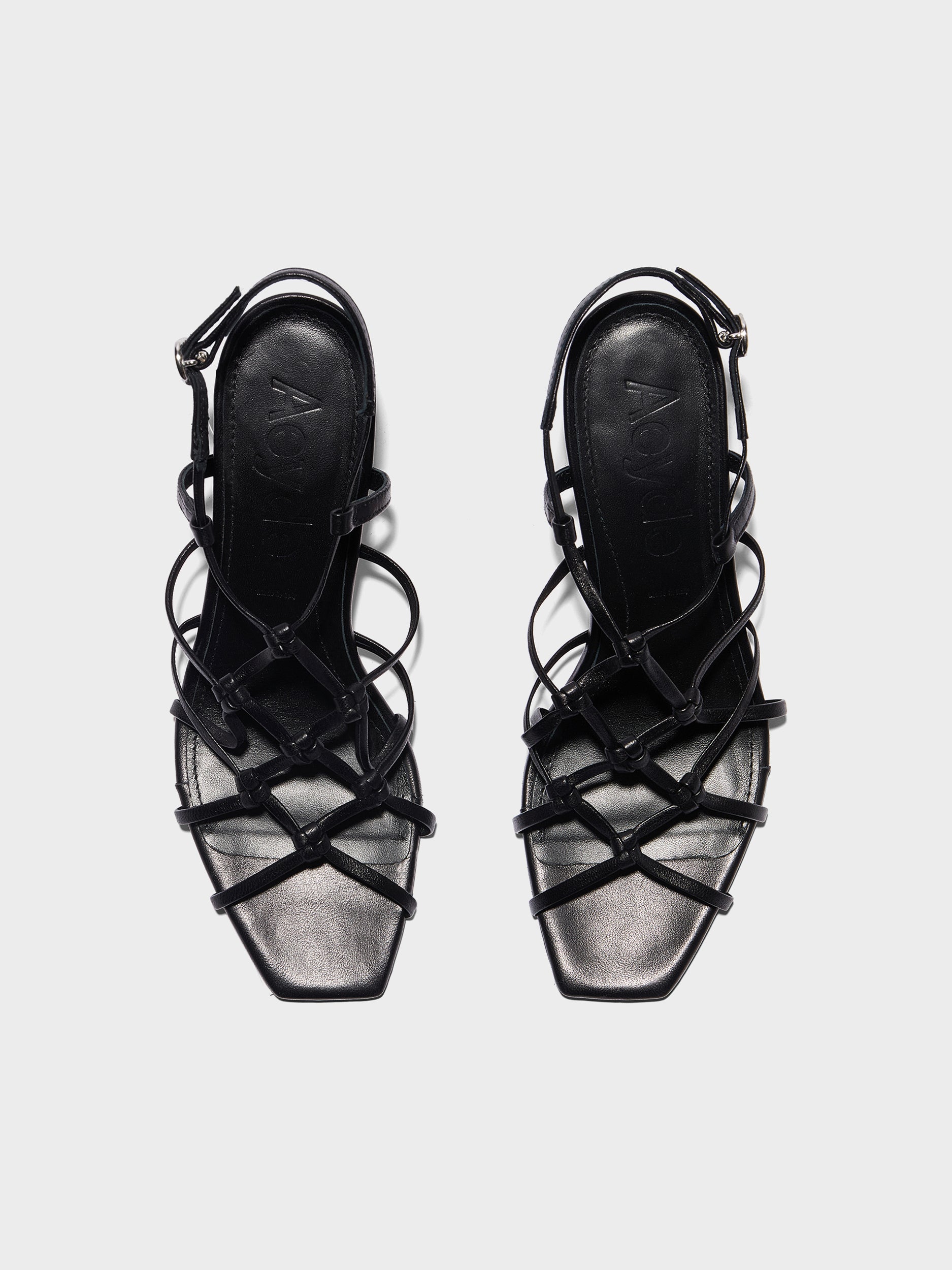 Aeyde | Acacia Leather Heeled Sandals for Women | Black Nappa | Square Toe | High Heel | Front View