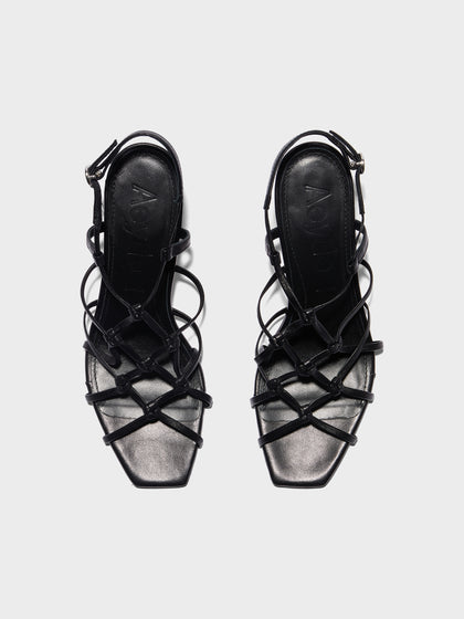 Aeyde | Acacia Leather Heeled Sandals for Women | Black Nappa | Square Toe | High Heel | Front View