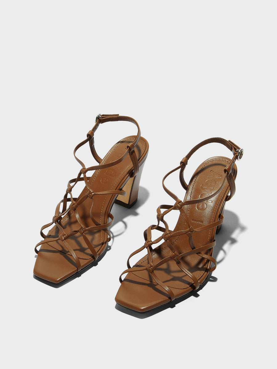 Aeyde | Acacia Leather Heeled Sandals for Women | Tobacco Nappa | Square Toe | High Heel | Luxury Materials | Handmade in Italy
