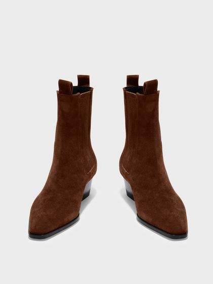 Aeyde | Agata Suede Ankle Boots Leather Ankle Boots for Women | Brown Suede | Square Toe | Mid Heel | Front View