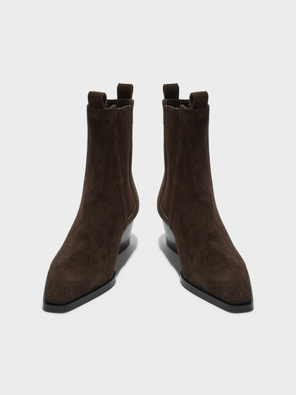 Aeyde | Agata Leather Ankle Boots for Women | Moka Suede | Pointed Toe | Low Heel | Front View