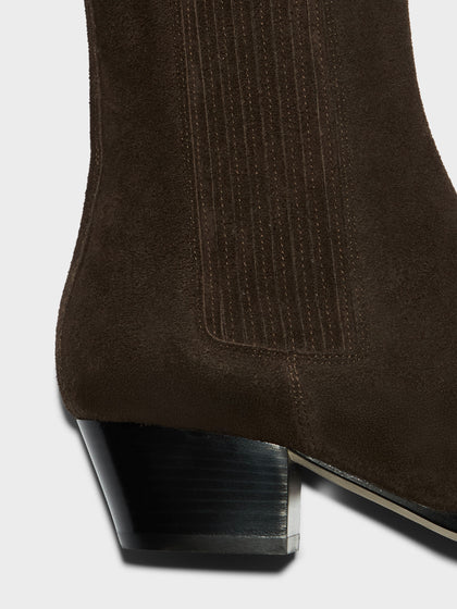 Aeyde | Agata Leather Ankle Boots for Women | Moka Suede | Pointed Toe | Low Heel | Heel Details