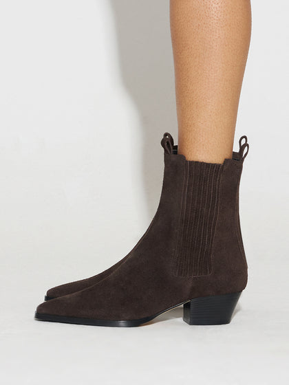 Aeyde | Agata Leather Ankle Boots for Women | Moka Suede | Pointed Toe | Low Heel | How to Style