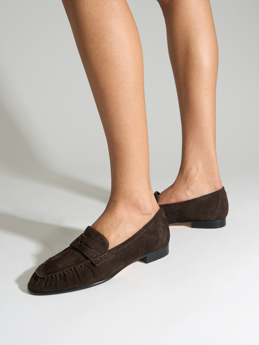 Aeyde | Aldous Suede Loafers Leather Flats for Women | Moka Suede | Round Toe | Low Heel | On Feet