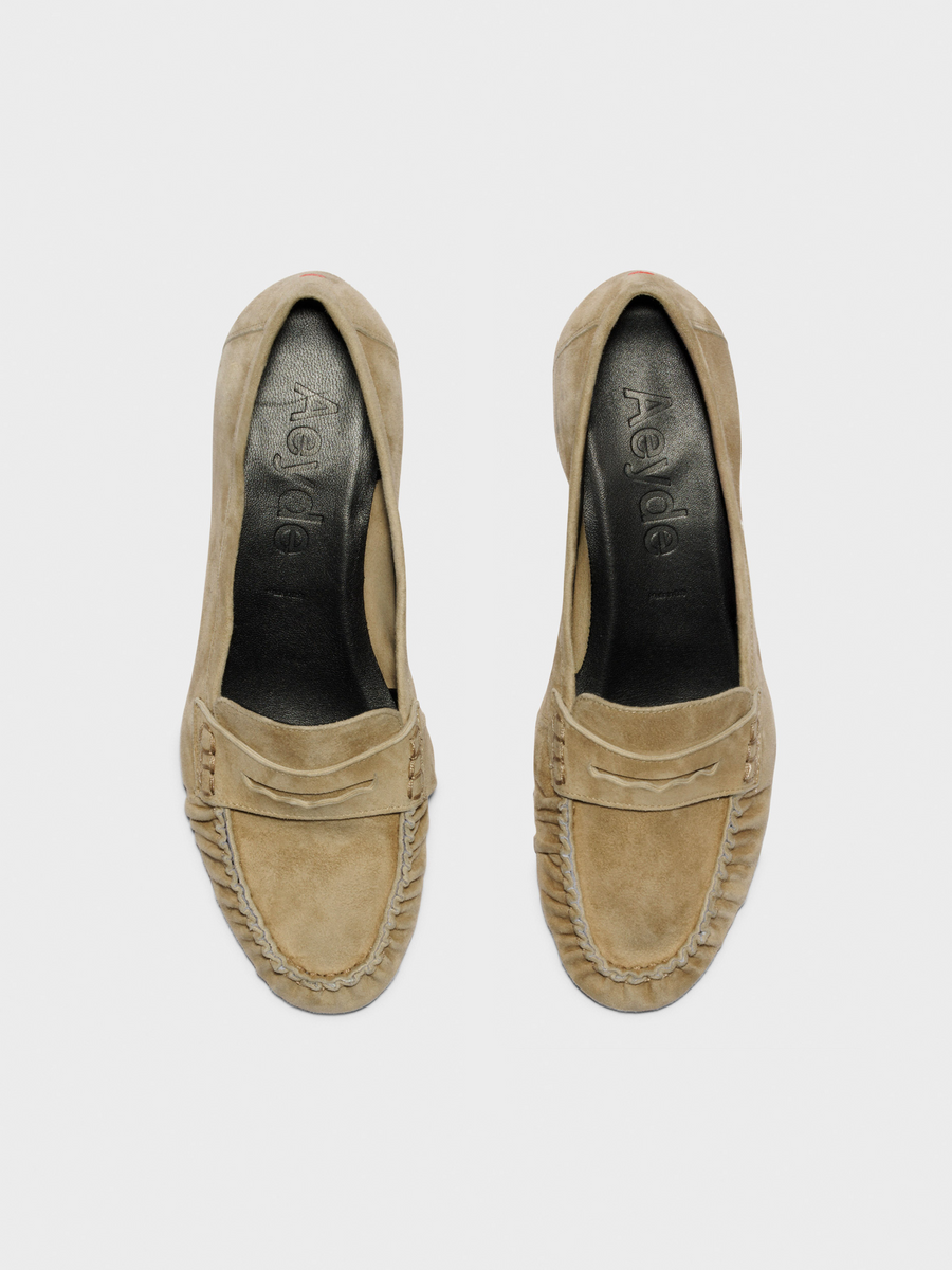 Aeyde | Aldous Suede Loafers Leather Flats for Women | Sand Suede | Round Toe | Low Heel | Front View
