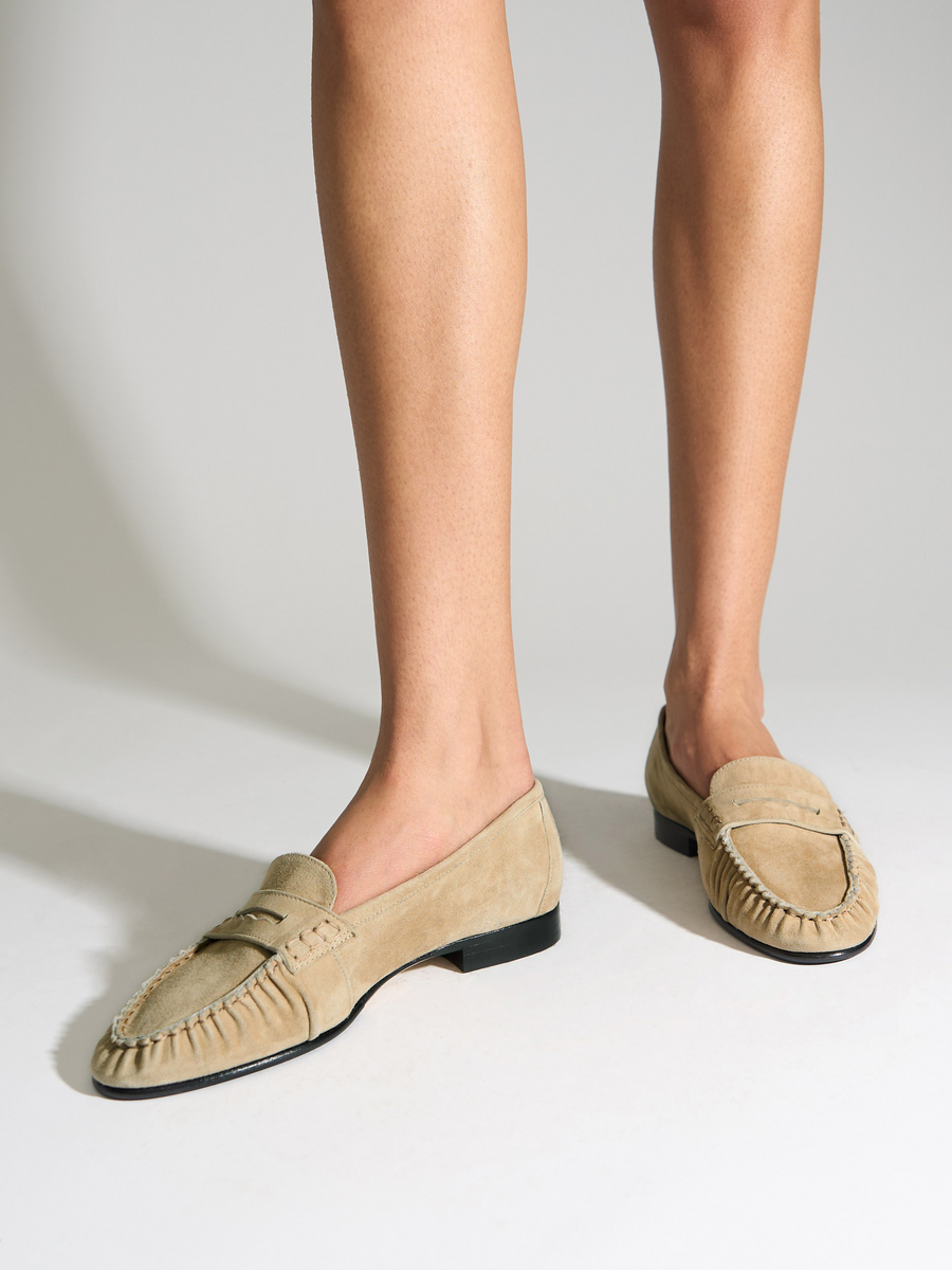 Aeyde | Aldous Suede Loafers Leather Flats for Women | Sand Suede | Round Toe | Low Heel | On Feet