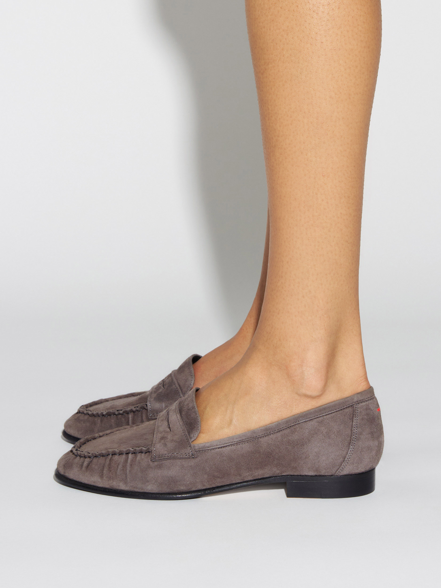 Aeyde | Aldous Suede Loafers Leather Flats for Women | Taupe Suede | Round Toe | Low Heel | How to Style