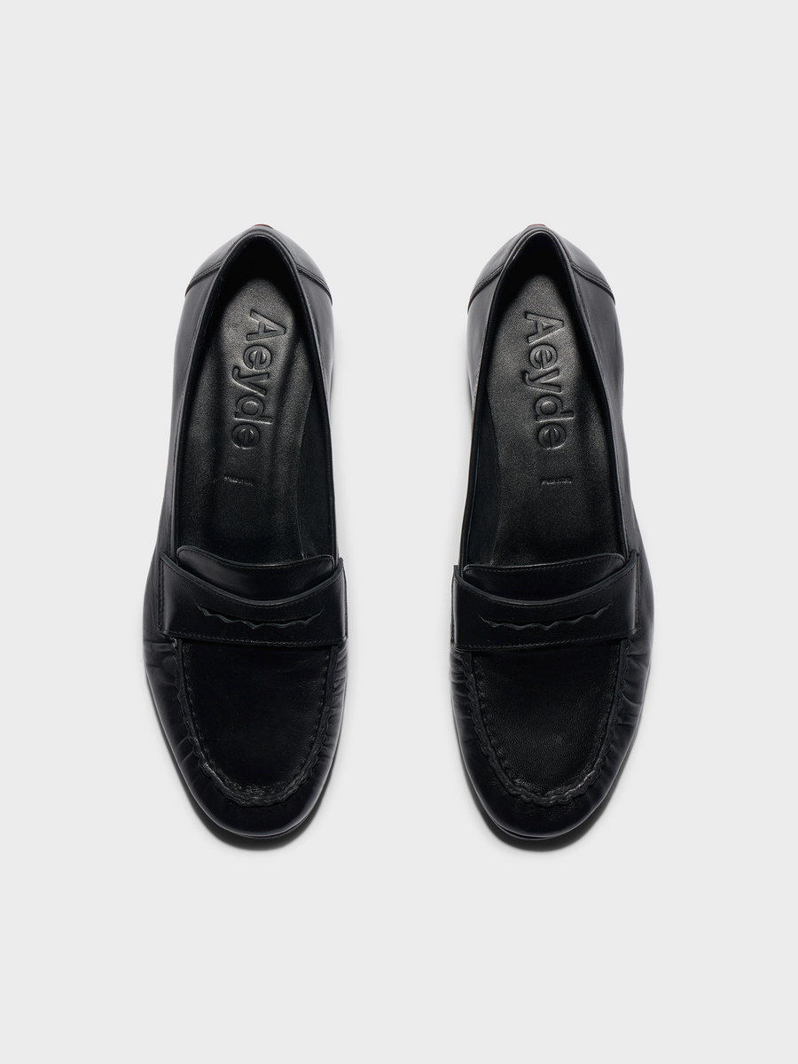 Aeyde | Aldous Leather Loafers Leather Flats for Women | Black Nappa | Round Toe | Low Heel | Heel Details