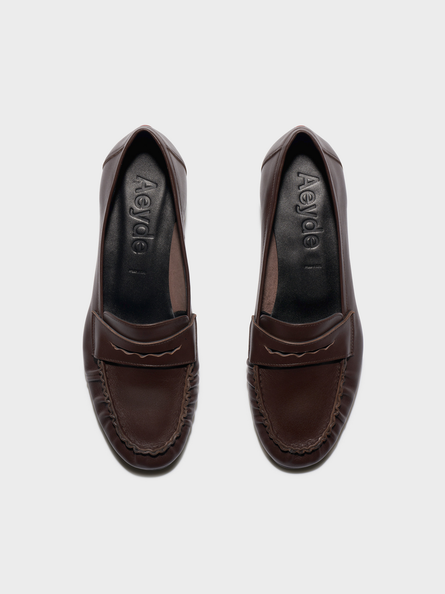 Aeyde | Aldous Leather Loafers Leather Flats for Women | Moka Nappa | Round Toe | Low Heel | Front View