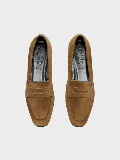 Aeyde | Alfie Leather Flats for Women | Tobacco Suede | Square Toe | Flat Heel | Front View