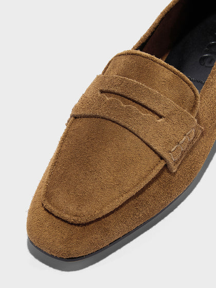 Aeyde | Alfie Leather Flats for Women | Tobacco Suede | Square Toe | Flat Heel | Heel Details