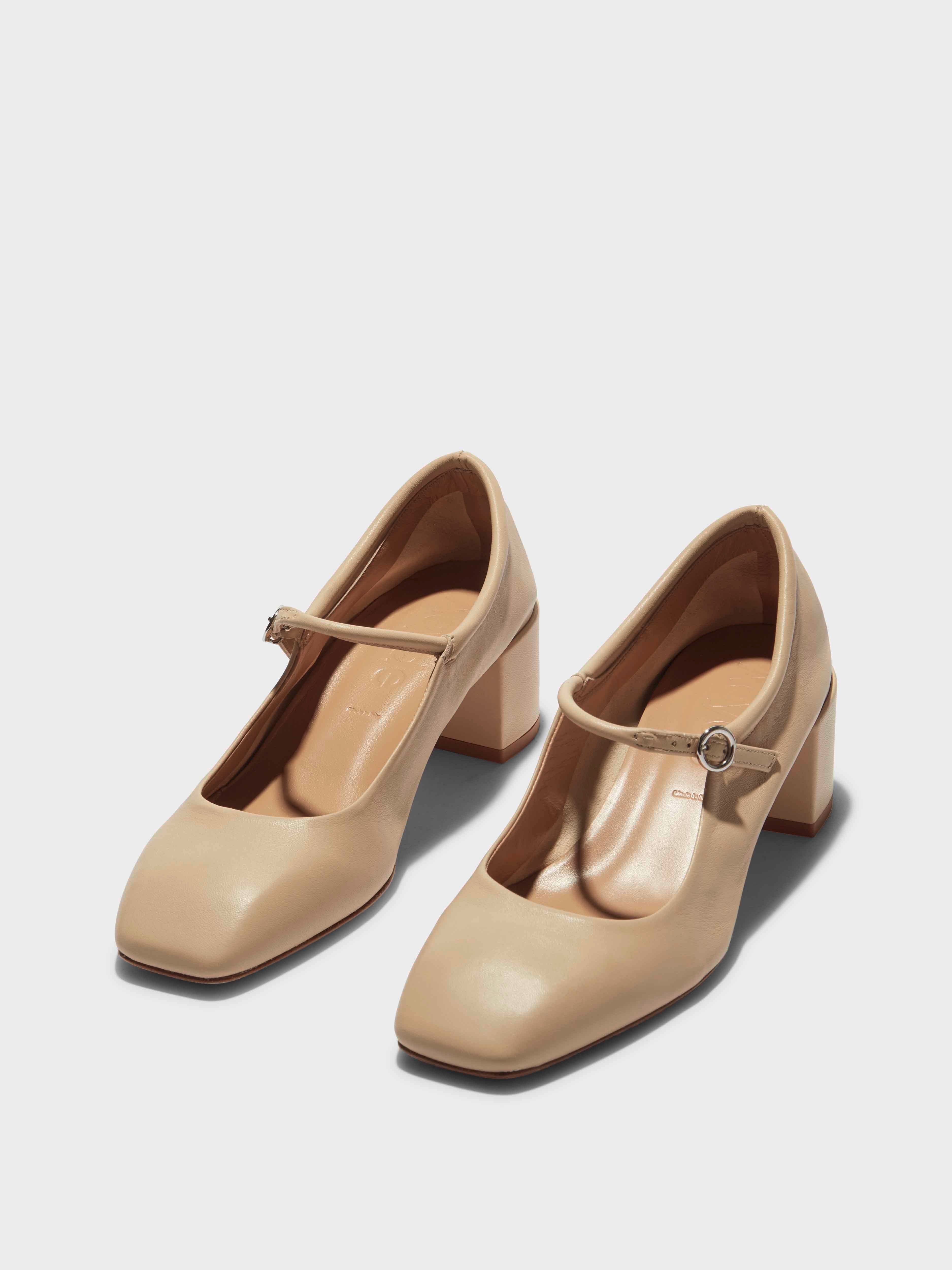 Aeyde | Aline Leather Mary-Jane Pumps Leather Pumps for Women | Latte Nappa | Square Toe | Mid Heel | On Feet