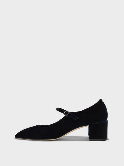 Aeyde | Aline Velvet Mary-Jane Pumps Leather Pumps for Women | Navy Velvet | Square Toe | Mid Heel | Side View
