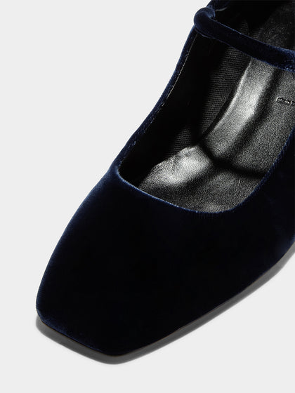 Aeyde | Aline Velvet Mary-Jane Pumps Leather Pumps for Women | Navy Velvet | Square Toe | Mid Heel | Luxury Materials | Handmade in Italy