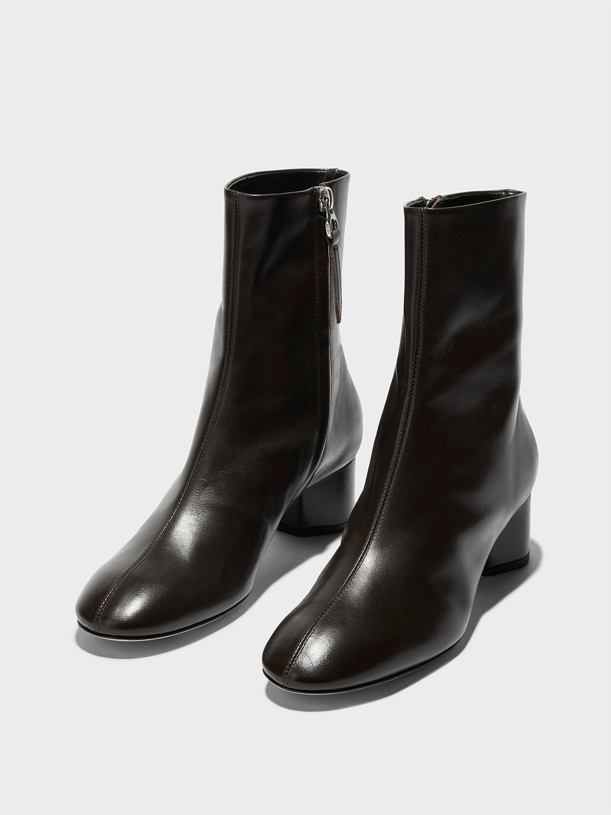 Aeyde | Allegra Leather Ankle Boots Leather Ankle Boots for Women | Moka Nappa | Round Toe | Mid Heel | On Feet