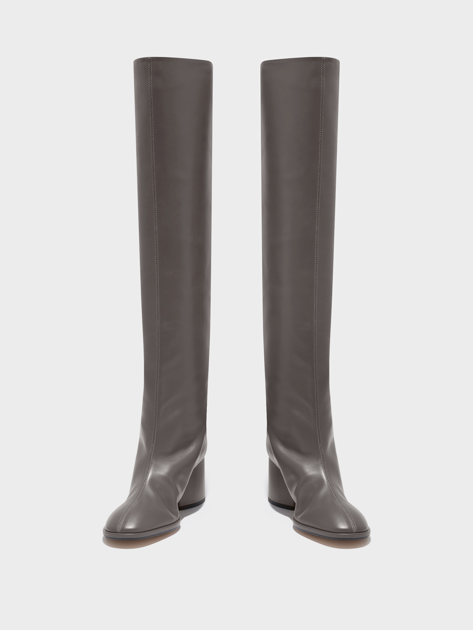 Aeyde | Almut Knee-High Boots Leather Knee High Boots for Women | Taupe Calf | Round Toe | Mid Heel | Front View