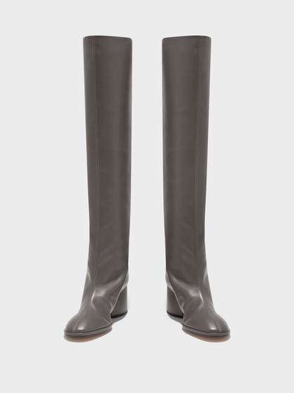 Aeyde | Almut Knee-High Boots Leather Knee High Boots for Women | Taupe Calf | Round Toe | Mid Heel | Front View