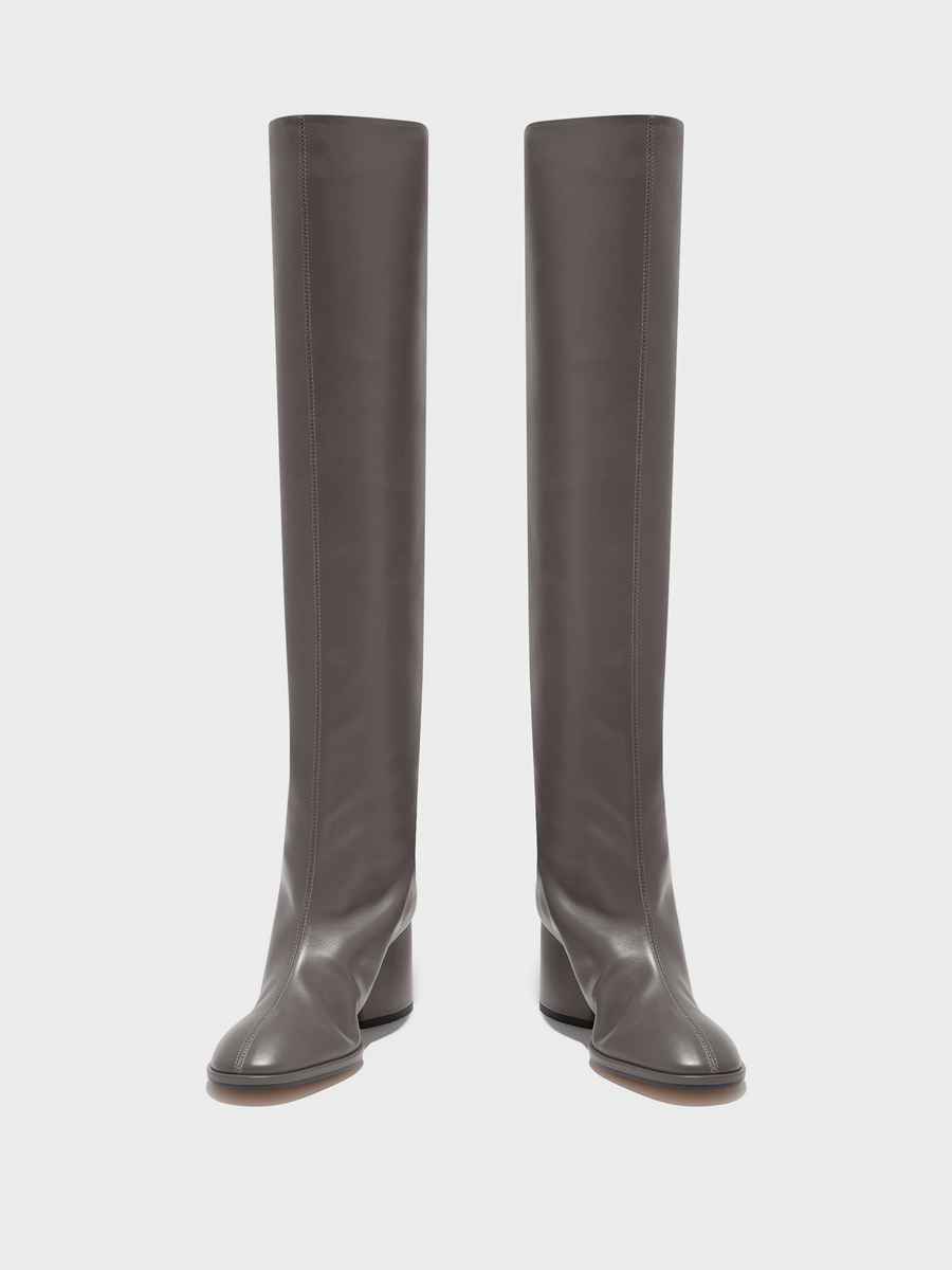 Aeyde | Almut Knee-High Boots Leather Knee High Boots for Women | Taupe Calf | Round Toe | Mid Heel | Heel Details