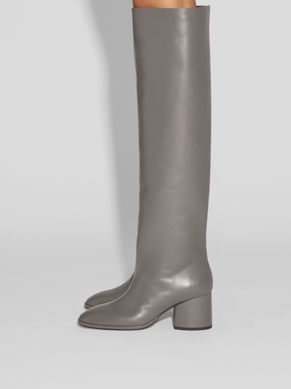 Aeyde | Almut Knee-High Boots Leather Knee High Boots for Women | Taupe Calf | Round Toe | Mid Heel | How to Style