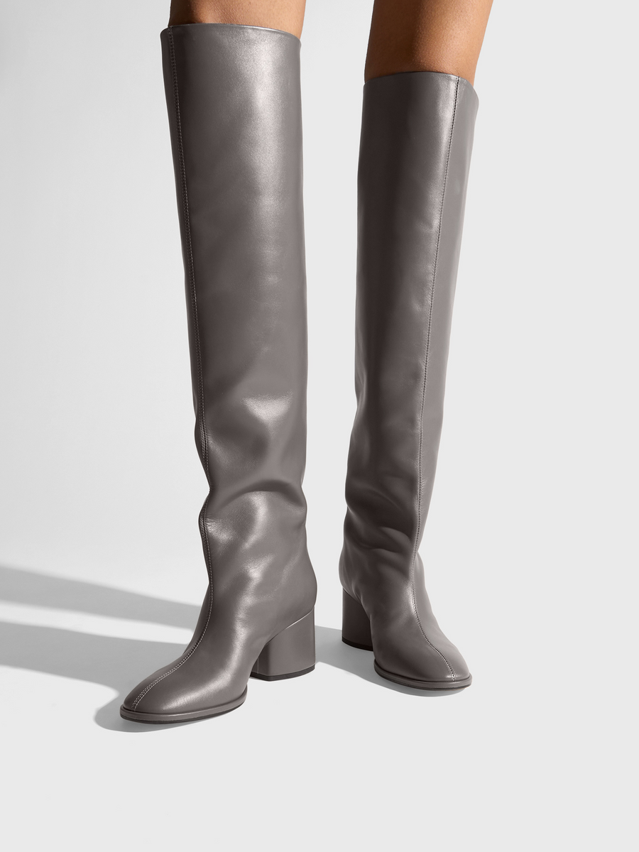 Aeyde | Almut Knee-High Boots Leather Knee High Boots for Women | Taupe Calf | Round Toe | Mid Heel | On Feet