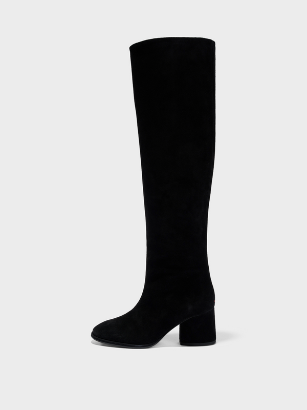 Aeyde | Almut Knee-High Boots Leather Knee High Boots for Women | Black Suede | Round Toe | Mid Heel | Side View
