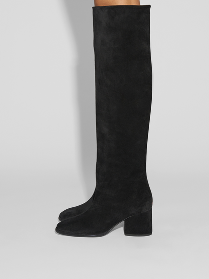 Aeyde | Almut Knee-High Boots Leather Knee High Boots for Women | Black Suede | Round Toe | Mid Heel | How to Style