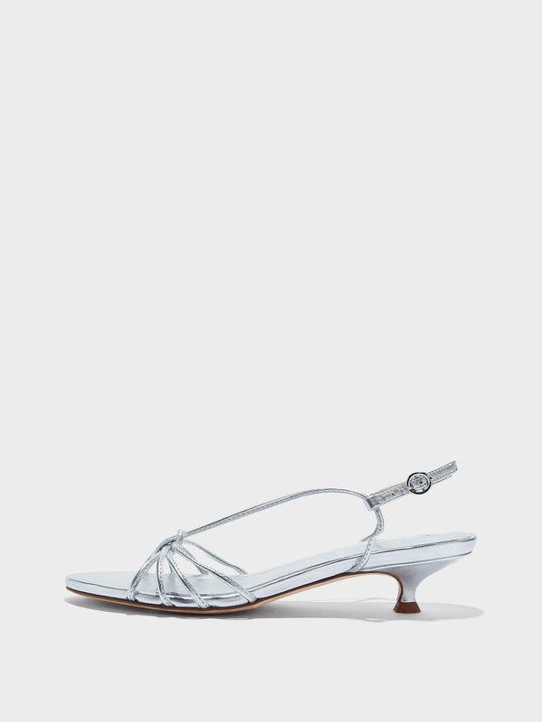 Aeyde | Amara Leather Heeled Sandals for Women | Silver Laminated Nappa | Round Toe | Mid Heel | Side View