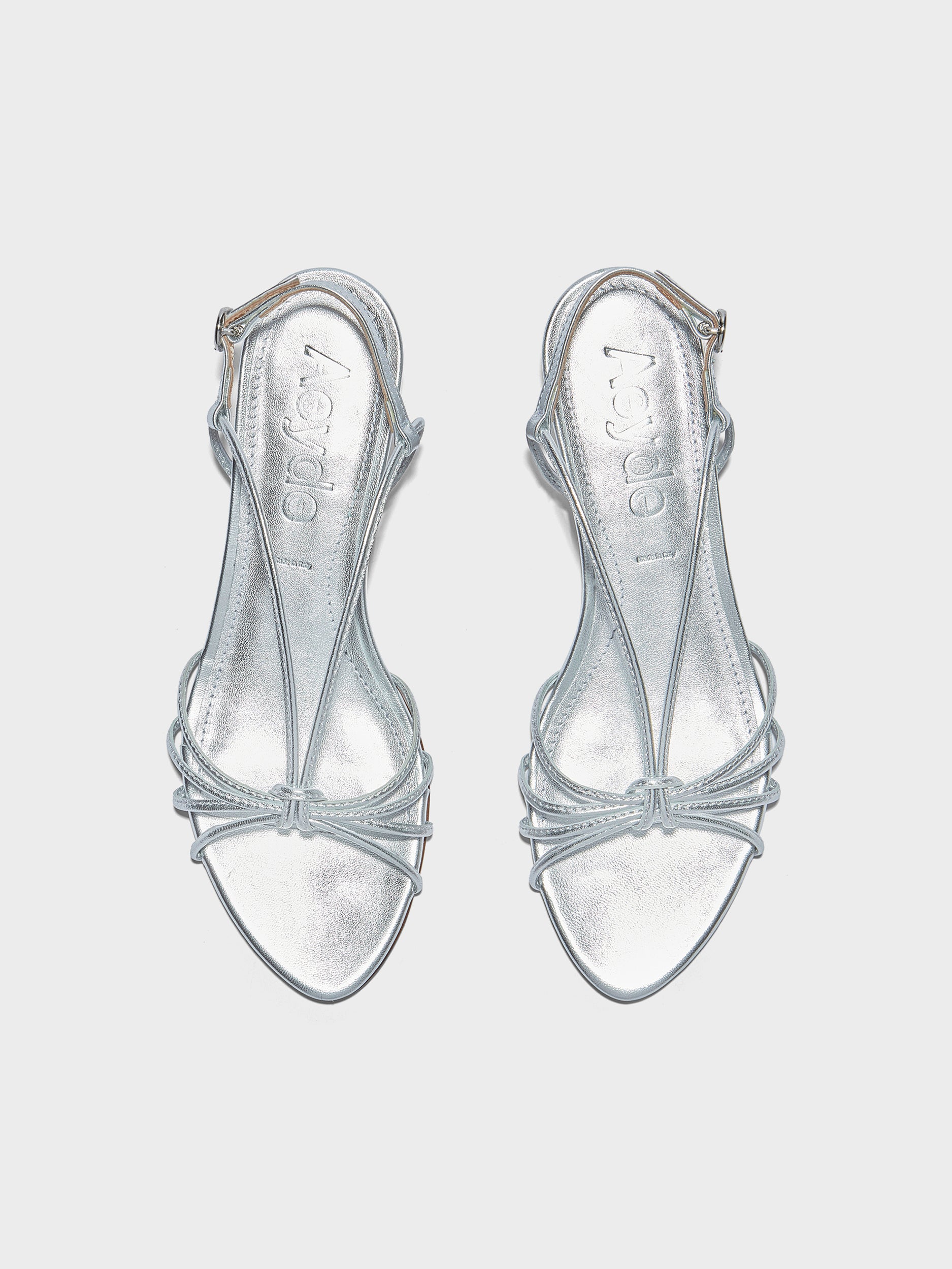 Aeyde | Amara Leather Heeled Sandals for Women | Silver Laminated Nappa | Round Toe | Mid Heel | Front View
