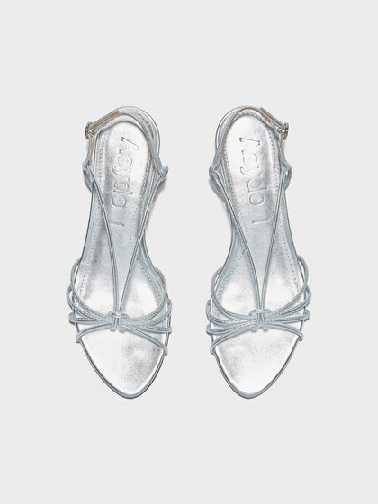 Aeyde | Amara Leather Heeled Sandals for Women | Silver Laminated Nappa | Round Toe | Mid Heel | Front View