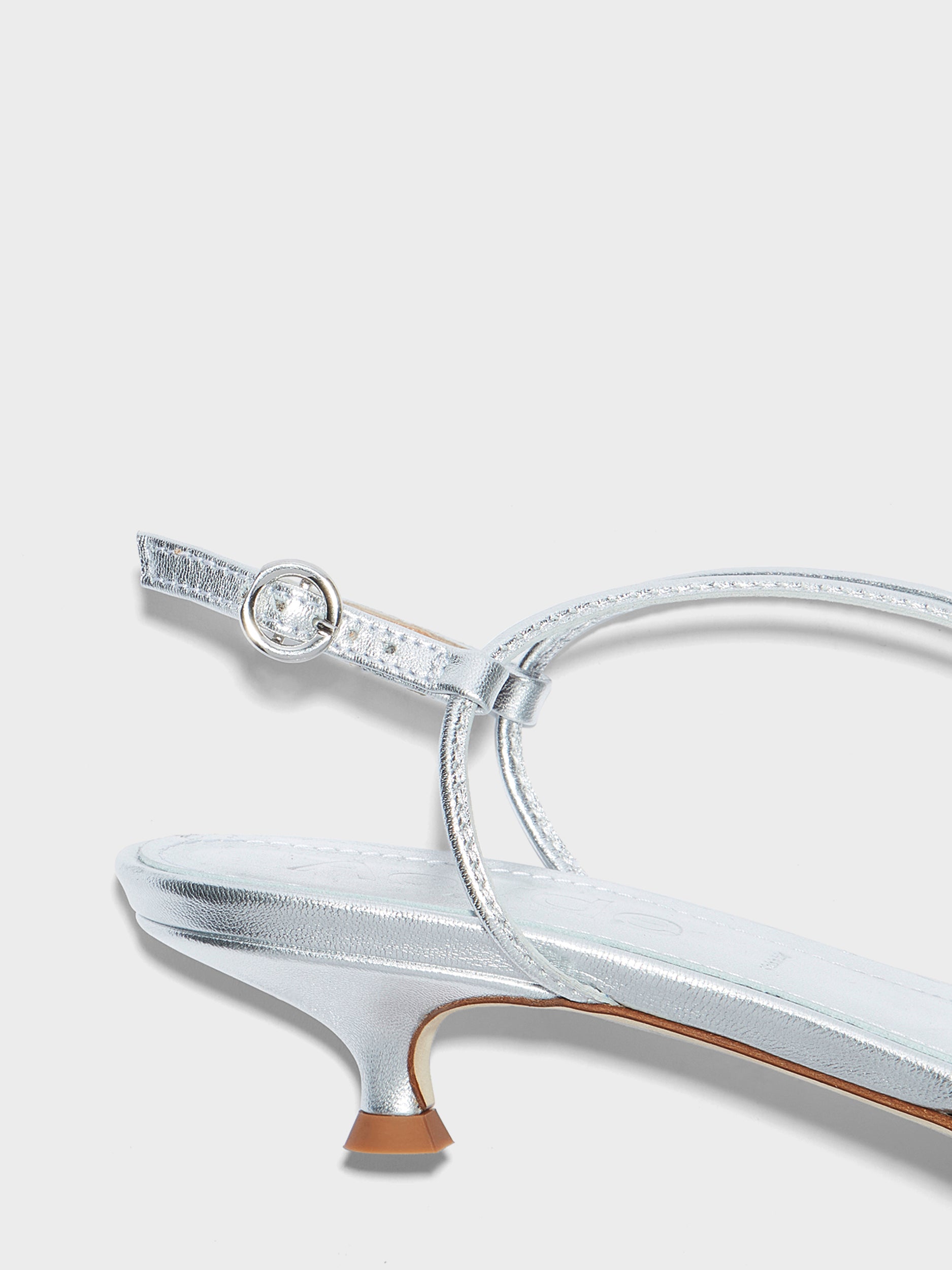 Aeyde | Amara Leather Heeled Sandals for Women | Silver Laminated Nappa | Round Toe | Mid Heel | Heel Details