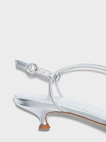 Aeyde | Amara Leather Heeled Sandals for Women | Silver Laminated Nappa | Round Toe | Mid Heel | Heel Details