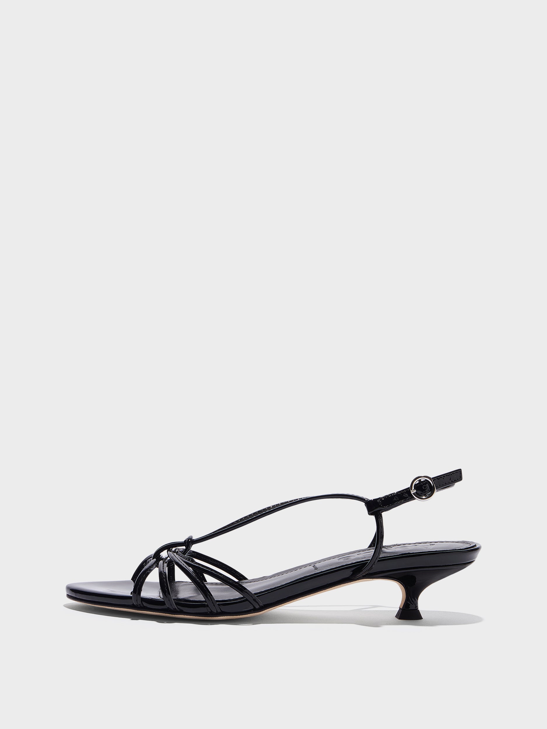 Aeyde | Amara Leather Heeled Sandals for Women | Black Patent | Round Toe | Mid Heel | Side View