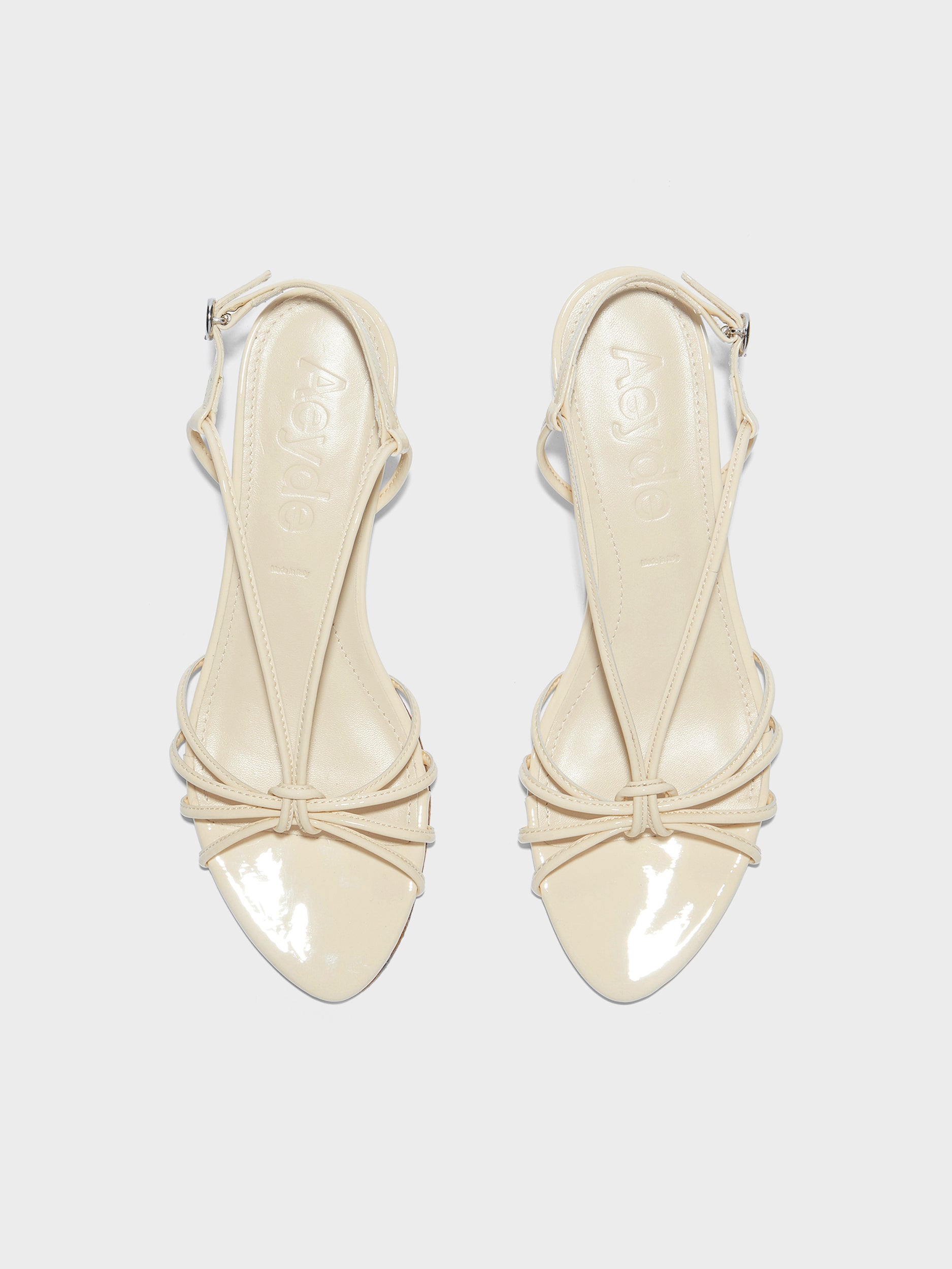 Aeyde | Amara Leather Heeled Sandals for Women | Creamy Patent | Round Toe | Mid Heel | Front View