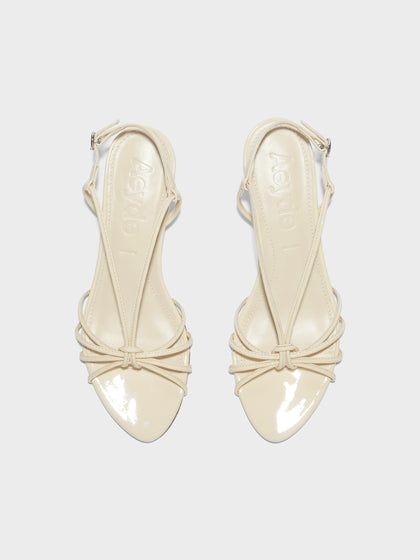 Aeyde | Amara Leather Heeled Sandals for Women | Creamy Patent | Round Toe | Mid Heel | Front View