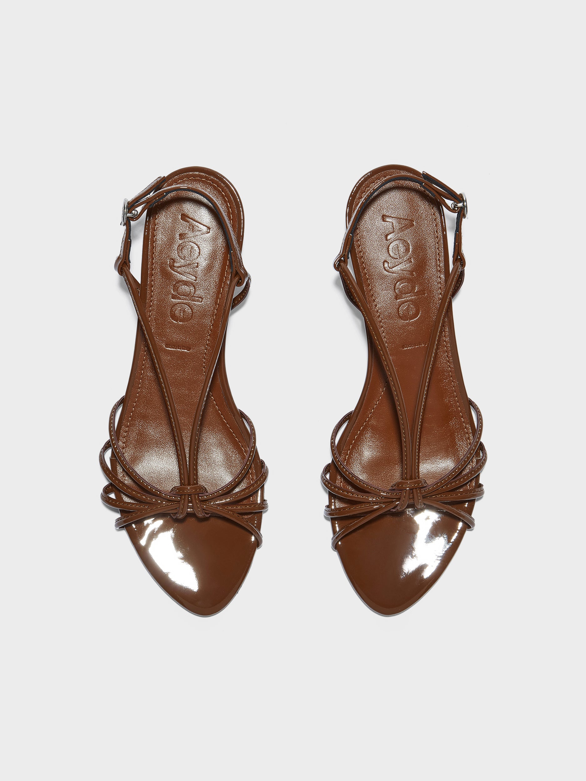 Aeyde | Amara Leather Heeled Sandals for Women | Tobacco Patent | Round Toe | Mid Heel | Front View