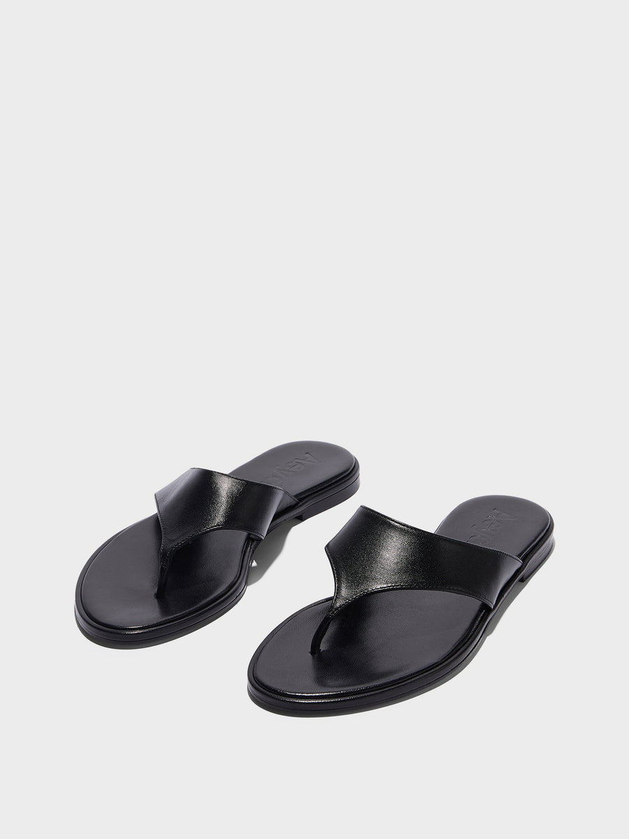 Aeyde | Amaya Leather Flat Sandals for Women | Black Nappa | Round Toe | Flat Heel | Luxury Materials | Handmade in Italy