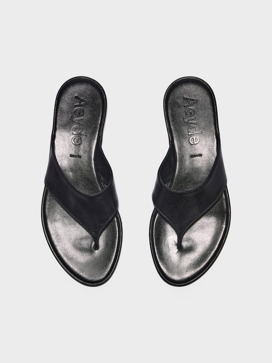 Aeyde | Amaya Leather Flat Sandals for Women | Black Nappa | Round Toe | Flat Heel | Front View