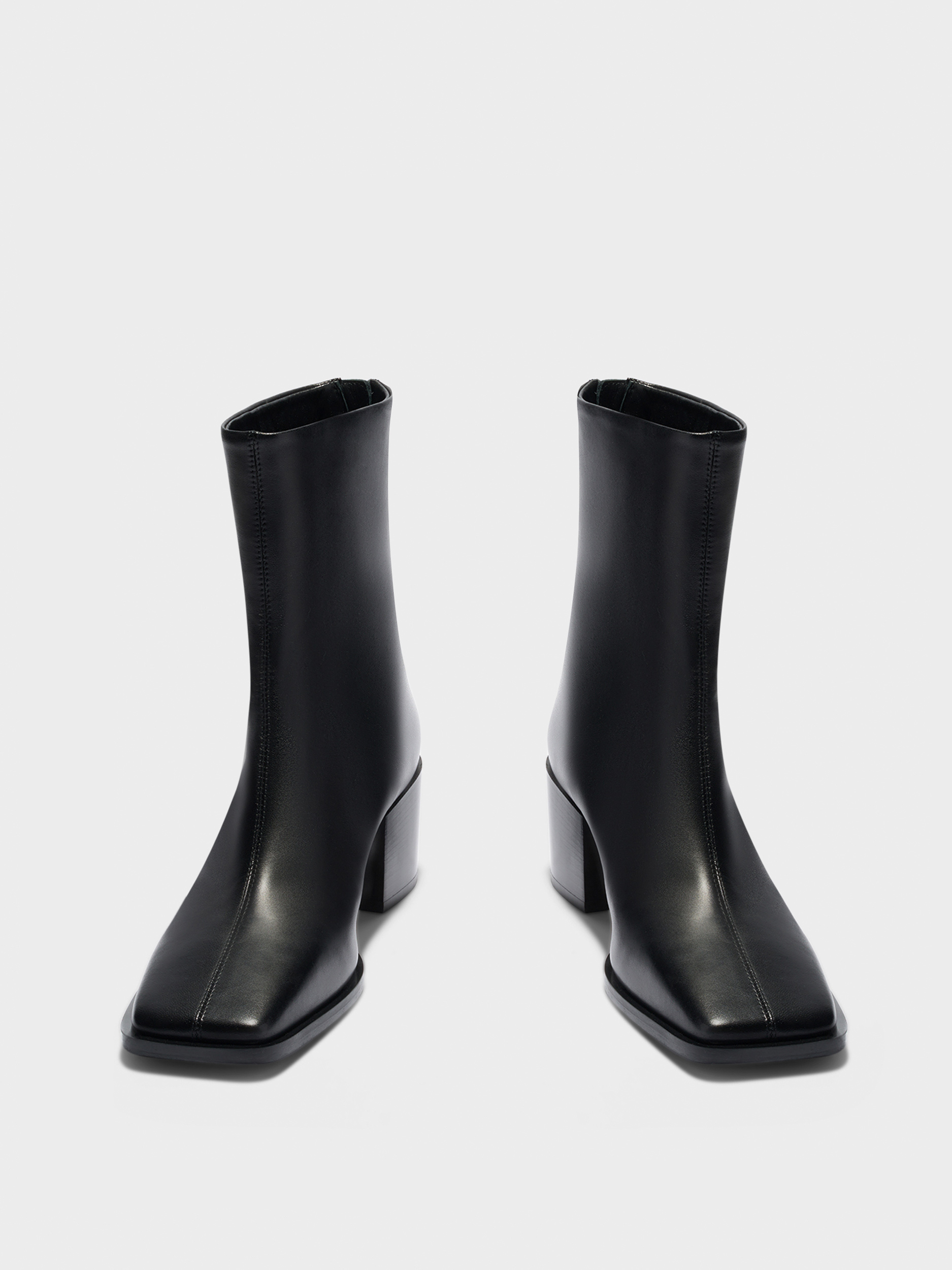 Aeyde | Amina Leather Ankle Boots Leather Ankle Boots for Women | Black Nappa | Square Toe | Mid Heel | Front View
