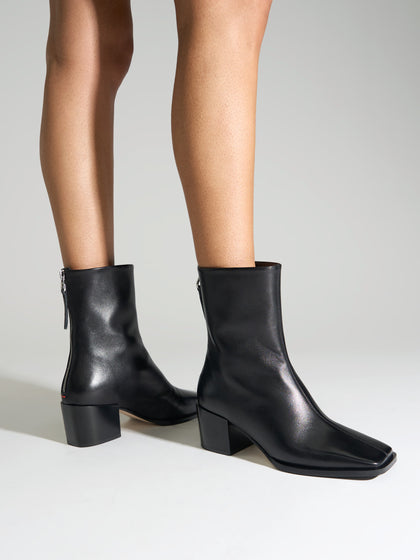 Aeyde | Amina Leather Ankle Boots Leather Ankle Boots for Women | Black Nappa | Square Toe | Mid Heel | On Feet