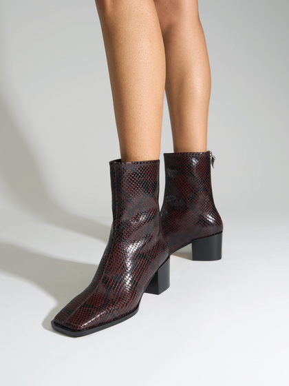 Aeyde | Amina Leather Ankle Boots Leather Ankle Boots for Women | Port Snake | Square Toe | Mid Heel | On Feet