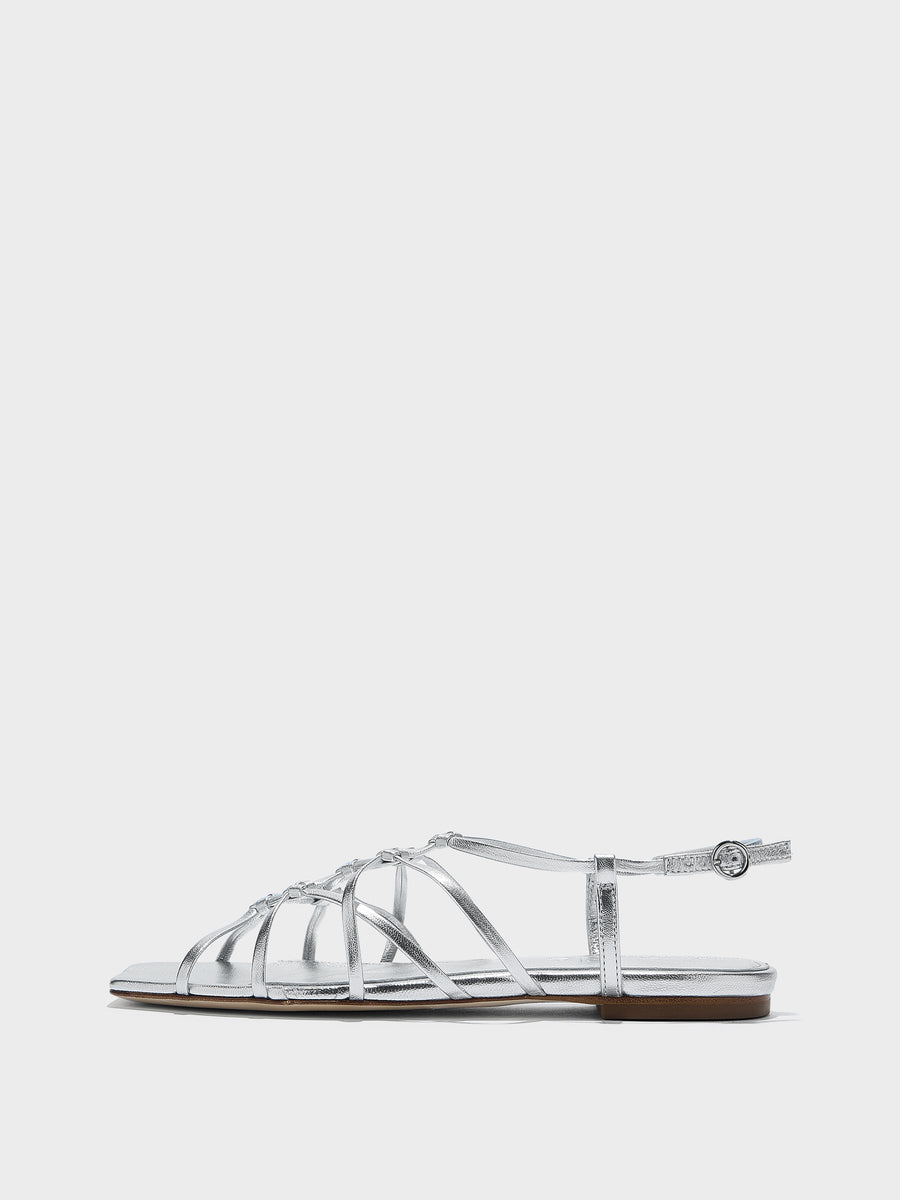 Aeyde | Anisa Leather Flat Sandals for Women | Silver Nappa | Square Toe | Flat Heel | Side View