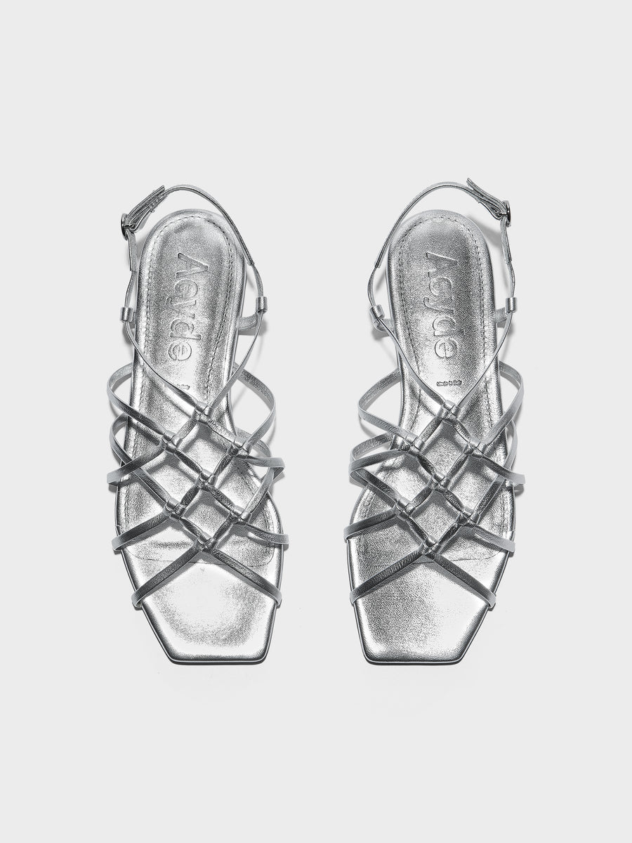 Aeyde | Anisa Leather Flat Sandals for Women | Silver Nappa | Square Toe | Flat Heel | Front View