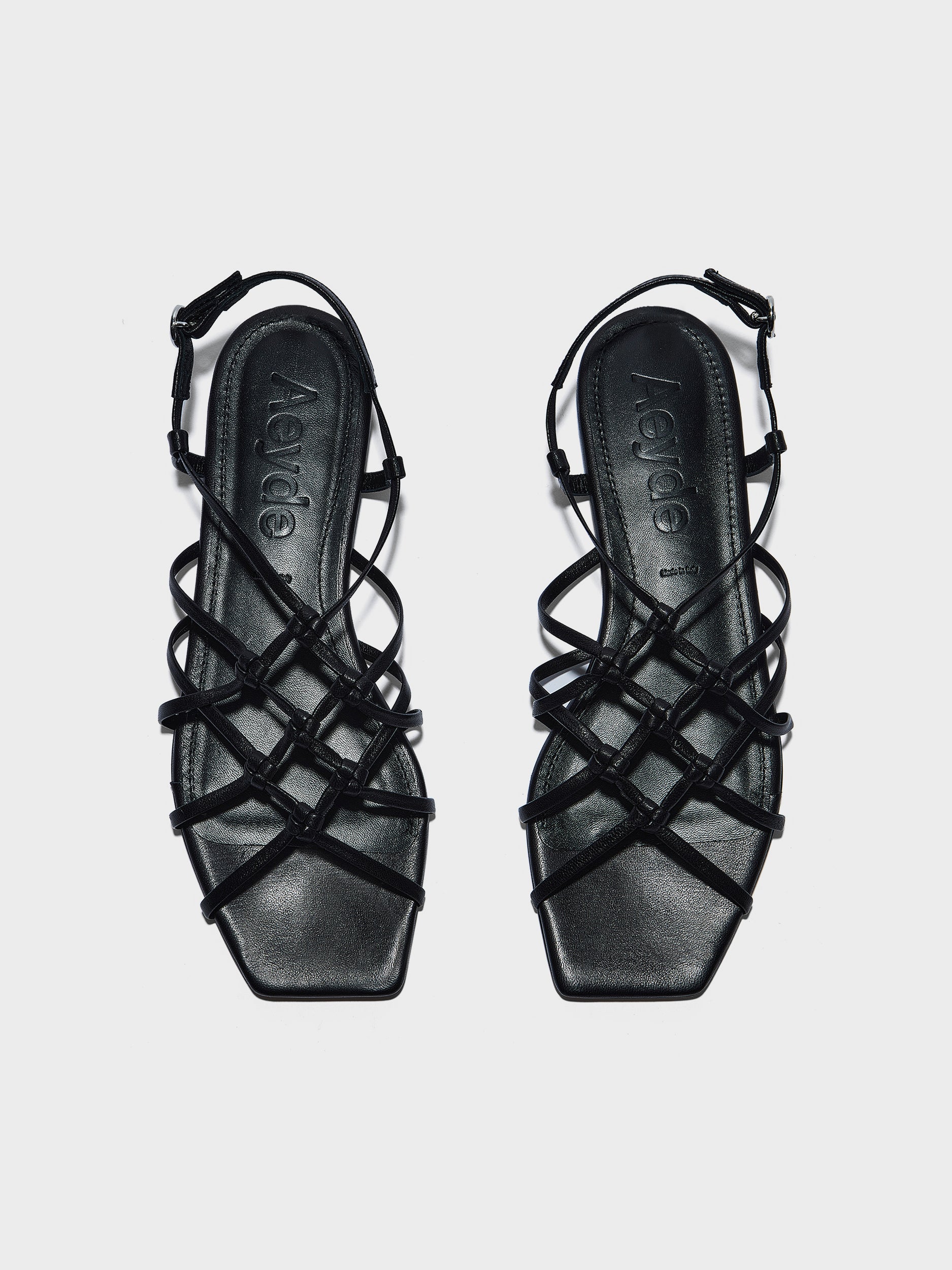 Aeyde | Anisa Leather Flat Sandals for Women | Black Nappa | Square Toe | Flat Heel | Front View