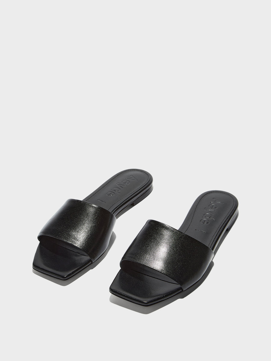 Aeyde | Anna Leather Flat Sandals for Women | Black Nappa | Square Toe | Flat Heel | Luxury Materials | Handmade in Italy