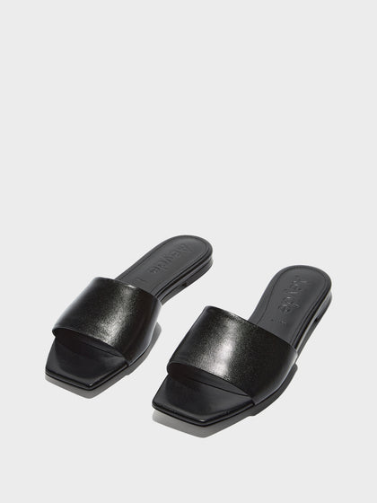 Aeyde | Anna Leather Flat Sandals for Women | Black Nappa | Square Toe | Flat Heel | Luxury Materials | Handmade in Italy