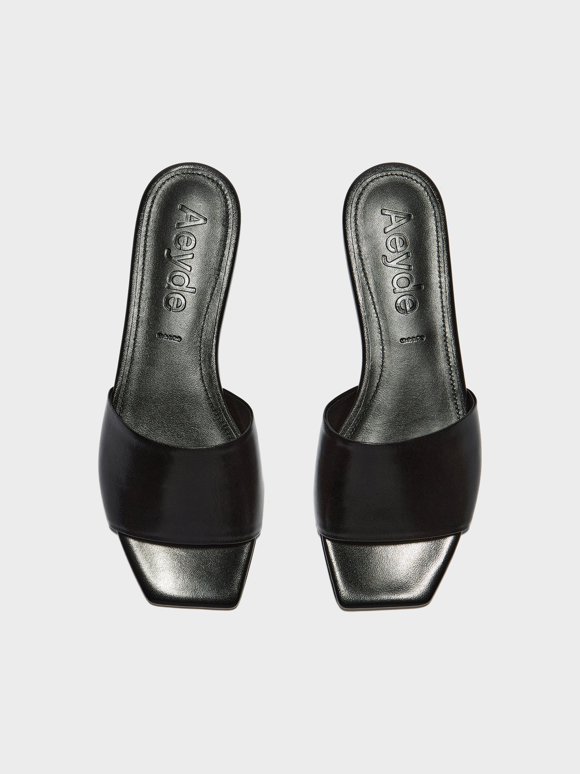 Aeyde | Anna Leather Flat Sandals for Women | Black Nappa | Square Toe | Flat Heel | Front View