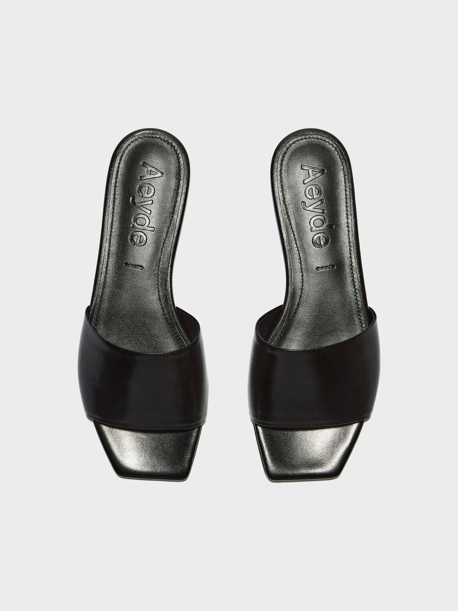 Aeyde | Anna Leather Flat Sandals for Women | Black Nappa | Square Toe | Flat Heel | Front View
