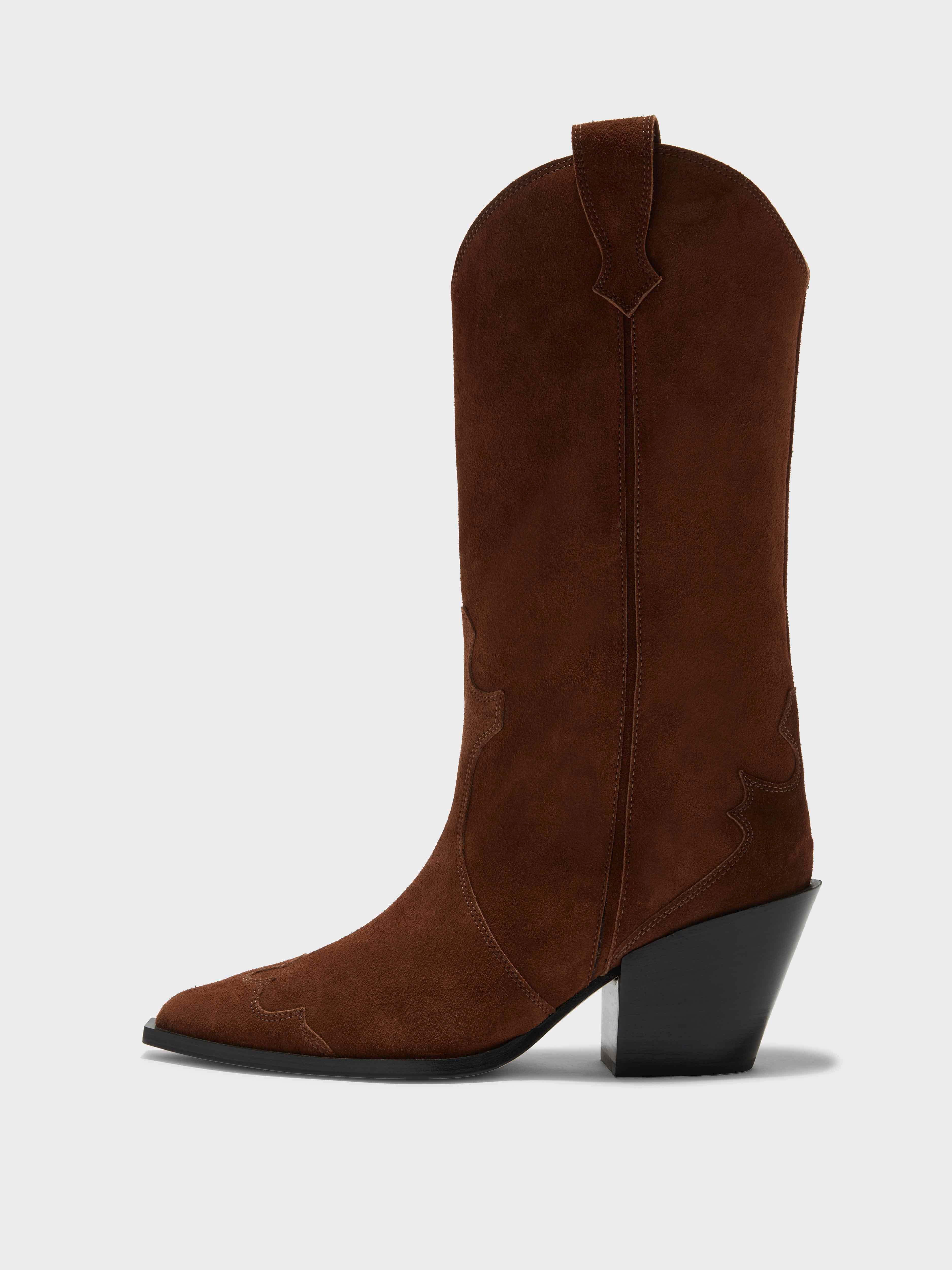 Aeyde | Ariel Suede Cowboy Boots Leather Ankle Boots for Women | Brown Suede | Pointed Toe | High Heel | Side View