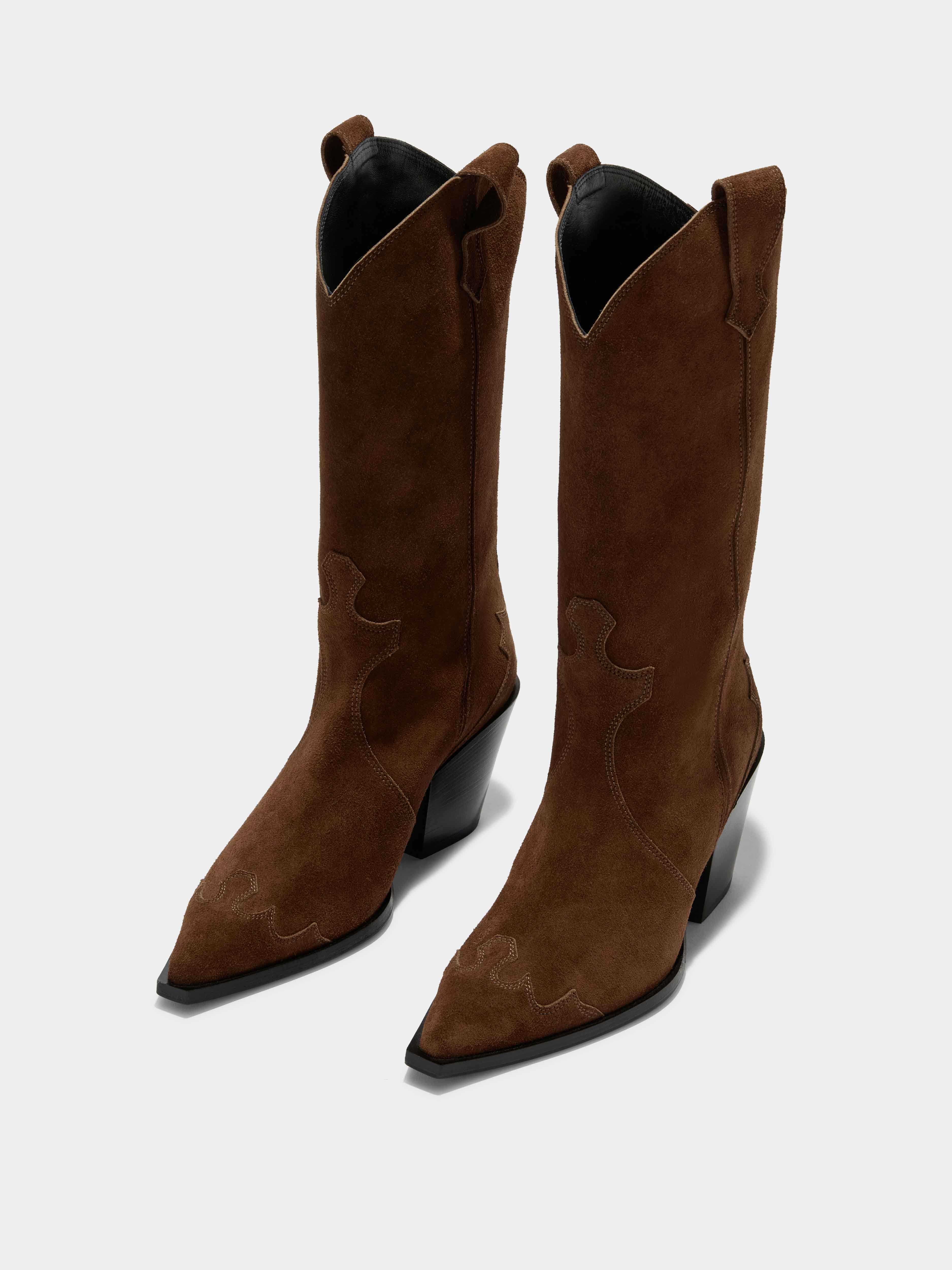 Aeyde | Ariel Suede Cowboy Boots Leather Ankle Boots for Women | Brown Suede | Pointed Toe | High Heel | On Feet